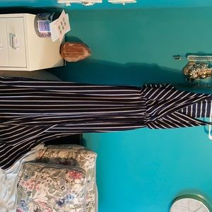 Blue and white stripped maxi dress with a slit